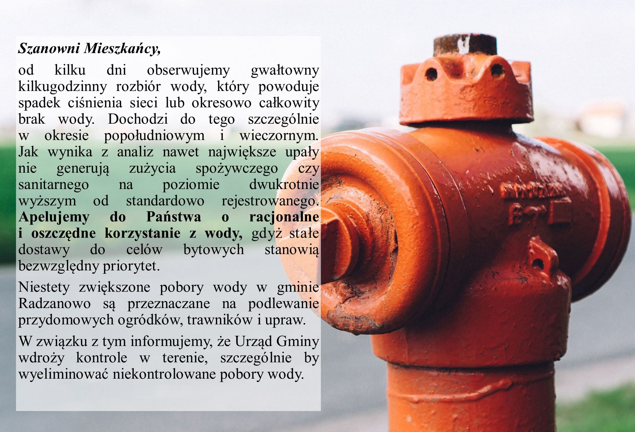 Apel o racjonalne i oszczędne korzystanie z wody.
